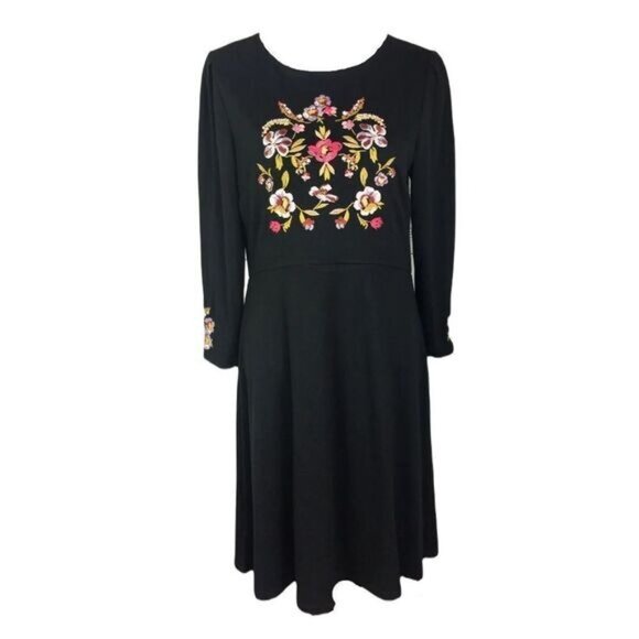 Loft Black Embroidery Fit And Flare Dress Size 0 - Picture 2 of 8